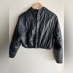 Naked Wardrobe Black Women's hooded Puffer Jacket, cropped oversized Small fall